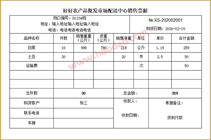 农产品批发配送销售票据