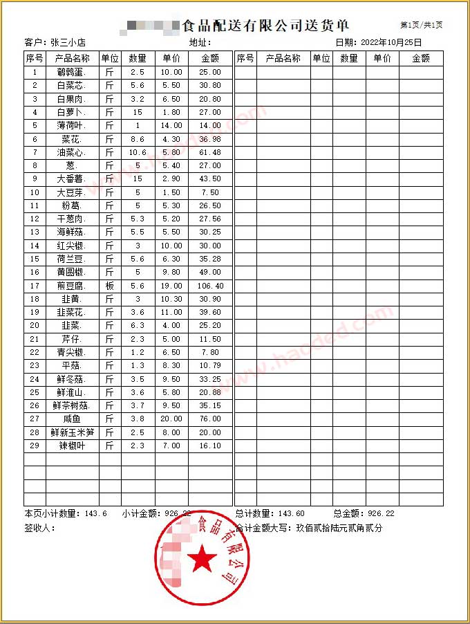 生鲜食材配送行业送货单打印格式