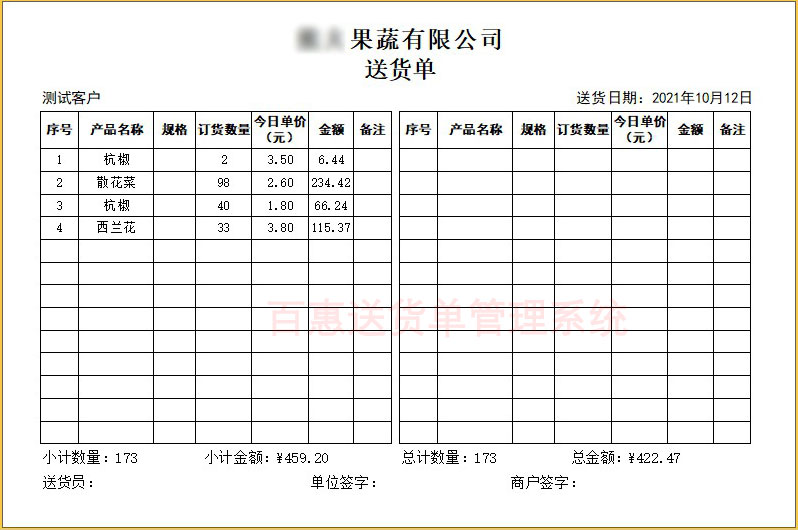 蔬菜发货清单格式